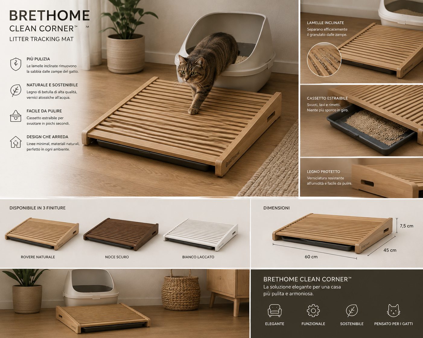 Concept BRETHOME Clean Corner in legno davanti a una lettiera per gatto
